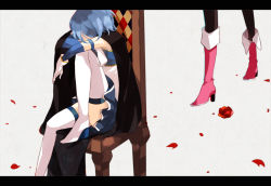 Rule 34 | 10s, 2girls, amane mio, blue hair, boots, cape, chair, flower, gloves, head out of frame, leg lift, letterboxed, magical girl, mahou shoujo madoka magica, mahou shoujo madoka magica (anime), miki sayaka, multiple girls, red flower, red rose, rose, sakura kyoko, short hair, sitting, thighhighs, white gloves, white thighhighs