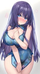 Rule 34 | 1girl, aikawa nagisa, blue dress, blue eyes, blush, breasts, china dress, chinese clothes, chotto ippai!, cleavage, closed mouth, covering crotch, covering privates, dress, gradient background, grey background, highres, kibihimi, large breasts, long hair, looking at viewer, print dress, purple hair, sleeveless, sleeveless dress, solo, thighs