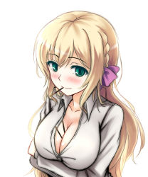 Rule 34 | 1girl, between breasts, blonde hair, blush, breast hold, breasts, cleavage, cyberagent, food, gayprince, girlfriend (kari), green eyes, large breasts, long hair, looking at viewer, mochizuki erena, mouth hold, pocky, simple background, smile, solo, very long hair, white background