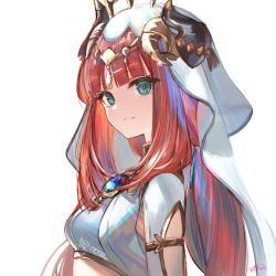 Rule 34 | 1girl, blue eyes, blush, breasts, closed mouth, commentary request, genshin impact, hair ornament, highres, horns, jazztaki, long hair, looking at viewer, medium breasts, nilou (genshin impact), red hair, sidelocks, simple background, smile, solo, veil, white background