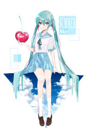 Rule 34 | 1girl, absurdres, aqua eyes, aqua hair, aqua ribbon, arm support, blue sailor collar, blue skirt, blue theme, brown footwear, cherry, closed mouth, cloud, commentary, cumulonimbus cloud, double exposure, english commentary, english text, food, fruit, hair between eyes, hair ribbon, hatsune miku, highres, holding, holding food, loafers, long hair, looking at viewer, neck ribbon, oversized food, oversized object, pleated skirt, red ribbon, ribbon, sailor collar, school uniform, serafuku, shirt, shoes, short sleeves, sidelocks, simple background, sitting, skirt, smile, socks, solo, string, string of fate, twintails, very long hair, vocaloid, white background, white serafuku, white shirt, white socks, ya29 i