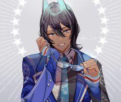 Rule 34 | 1boy, arjuna (fate), arjuna alter (fate), arjuna alter (student council president) (fate), artist name, black eyes, black hair, blue jacket, blue necktie, closed mouth, collared shirt, dark-skinned male, dark skin, unworn eyewear, fate/grand order, fate (series), formal, glasses, glowing horns, hair between eyes, hand on own cheek, hand on own face, hand up, holding, holding removed eyewear, horns, jacket, long sleeves, looking at viewer, male focus, necktie, official alternate costume, sakuramochi1003, shirt, short hair, sleeves past wrists, smile, solo, star (symbol), teeth, upper body, white shirt