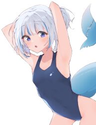 Rule 34 | 1girl, :o, absurdres, airenif, armpits, arms behind head, arms up, bare shoulders, bite mark, blue eyes, blue hair, blush, breasts, fins, fish tail, gawr gura, highres, hololive, hololive english, looking at viewer, multicolored hair, one-piece swimsuit, open mouth, ponytail, shark girl, shark tail, sharp teeth, small breasts, solo, stitches, streaked hair, swimsuit, tail, teeth, two-tone hair, upper teeth only, virtual youtuber, white background, white hair