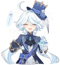 Rule 34 | 1girl, :d, absurdres, ahoge, ascot, asymmetrical gloves, black gloves, blue ascot, blue hair, blue hat, blue jacket, blush, closed eyes, food, furina (genshin impact), genshin impact, gloves, hair between eyes, hat, highres, holding, holding spoon, ice cream, jacket, light blue hair, long hair, mismatched gloves, open mouth, ris rakugaki, sidelocks, simple background, slime (genshin impact), smile, solo, spoon, top hat, upper body, white background, white gloves