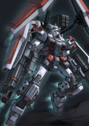 Rule 34 | alkham, clenched hand, flying, full armor gundam, gundam, gundam thunderbolt, highres, looking up, mecha, missile pod, mobile suit, no humans, robot, science fiction, solo, space, v-fin, yellow eyes