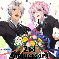 Rule 34 | 1boy, 1girl, alphen (tales), anniversary, blue eyes, confetti, copyright name, couple, dark-skinned male, dark skin, hair between eyes, hair bun, hand on another&#039;s hip, happy anniversary, juliet sleeves, long hair, long sleeves, looking at viewer, official alternate costume, official alternate hair length, official alternate hairstyle, official art, open mouth, parted bangs, pink hair, ponytail, puffy sleeves, shionne (tales), sidelocks, smile, spiked hair, streamers, tales of (series), tales of arise, very long hair, white hair