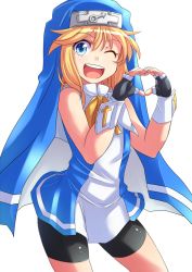 Rule 34 | 1boy, ;d, bike shorts, blonde hair, blue eyes, bridget (guilty gear), guilty gear, guilty gear xx, habit, heart, heart hands, kitayama miuki, male focus, nun, one eye closed, open mouth, simple background, smile, solo, trap, white background, wink