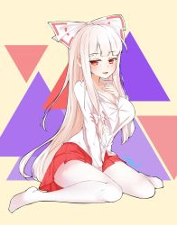 Rule 34 | 1girl, adapted costume, bad id, bad pixiv id, between legs, blunt bangs, bow, breasts, cleavage, collarbone, commentary request, fujiwara no mokou, hair bow, hair ribbon, hand between legs, hand on own chest, highres, large breasts, leria v, long hair, pantyhose, red eyes, red skirt, ribbon, shirt, silver hair, sitting, skirt, solo, touhou, tress ribbon, very long hair, wariza, white bow, white pantyhose, white ribbon, white shirt