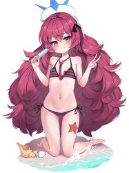 Rule 34 | 1girl, 2drr, bare arms, bare legs, bare shoulders, barefoot, big hair, bikini, black ribbon, blue archive, blush, commentary request, conch, flat chest, food, full body, gluteal fold, grin, hair between eyes, hair ribbon, halo, head tilt, holding, holding food, iroha (blue archive), kneeling, long hair, navel, necktie, paid reward available, popsicle, purple eyes, red hair, red necktie, revision, ribbon, seashell, shell, side-tie bikini bottom, simple background, smile, solo, starfish, striped bikini, striped clothes, swimsuit, very long hair, water, white background