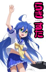 Rule 34 | 1girl, :3, absurdres, ahoge, arm up, blue hair, blue sailor collar, blue sky, blush, bow, bowtie, briefcase, copyright name, cowboy shot, green eyes, highres, holding, holding briefcase, izumi konata, jiho jyo 1, long hair, lucky star, mole, mole under eye, navel, open mouth, pleated skirt, ryouou school uniform, sailor collar, school briefcase, school uniform, serafuku, simple background, skirt, sky, smile, solo, waving, white background, yellow bow