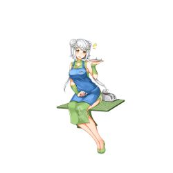 Rule 34 | 15k, 1girl, :d, alternate costume, apron, blue apron, braid, china dress, chinese clothes, chongqing (warship girls r), collarbone, double bun, dress, floral print, flower, french braid, full body, green dress, green footwear, hair flower, hair ornament, holding, legs together, long hair, looking at viewer, model kit, model ship, official art, open mouth, paintbrush, pliers, pocket, shoes, side slit, sitting, sleeveless, smile, solo, teeth, transparent background, turret, twintails, warship girls r, white hair, yellow eyes