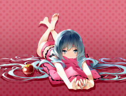 Rule 34 | 1girl, apple, artist name, ass, barefoot, blue eyes, blue hair, camisole, feet, fingernails, food, fruit, hatsune miku, long hair, looking at viewer, lying, matching hair/eyes, midriff, nail polish, on stomach, outstretched arms, panties, polka dot, polka dot background, psd, romeo to cinderella (vocaloid), soles, solo, toes, underwear, very long hair, vocaloid