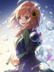 Rule 34 | 1girl, :d, absurdres, ahoge, blurry, blurry foreground, booota, bow, breasts, brown hair, bubble, bubble wand, commentary, depth of field, eyebrows hidden by hair, flower, green eyes, green jacket, green skirt, hair flower, hair intakes, hair ornament, hairclip, highres, holding, honma himawari, jacket, looking at viewer, looking back, nijisanji, open clothes, open jacket, open mouth, plaid, plaid skirt, pleated skirt, red bow, shirt, skirt, small breasts, smile, solo, sunflower, sunflower hair ornament, symbol-only commentary, thick eyebrows, virtual youtuber, white shirt, yellow flower