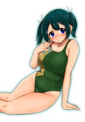 Rule 34 | 10s, 1girl, alternate costume, arm support, bare legs, bare shoulders, blue eyes, blush, breasts, collarbone, covered navel, curvy, embarrassed, green hair, green one-piece swimsuit, groin, hair ribbon, hand on own chest, kantai collection, kirikirimai (kkm), large breasts, looking at viewer, navel, one-piece swimsuit, parted bangs, ribbon, short hair, short twintails, sitting, solo, souryuu (kancolle), swimsuit, twintails