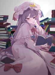 Rule 34 | 1girl, absurdres, book, book stack, capelet, crescent, crescent hat ornament, dress, frilled capelet, frills, hand on own cheek, hand on own face, hat, hat ornament, highres, holding, holding book, kani nyan, long dress, long hair, mob cap, patchouli knowledge, purple dress, purple eyes, purple hair, purple hat, reading, solo, touhou, very long hair