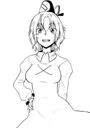 Rule 34 | 1girl, absurdres, arm behind back, blush, breasts, dress, greyscale, hand on own hip, hat, highres, himajin noizu, juliet sleeves, long sleeves, looking at viewer, medium breasts, monochrome, open mouth, puffy sleeves, short hair, simple background, soga no tojiko, solo, tate eboshi, touhou, white background