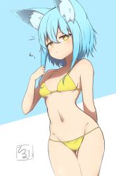 Rule 34 | 1girl, absurdres, animal ear fluff, animal ears, bikini, blue background, blue hair, blush, breasts, brown eyes, closed mouth, gluteal fold, groin, hair between eyes, hand up, highres, idaten93, long hair, looking at viewer, navel, original, small breasts, solo, swimsuit, terufu-chan, thigh gap, two-tone background, white background, yellow bikini