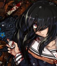 1girl autumn_leaves black_hair blood blood_on_clothes blood_on_face blood_on_hands bloody_knife commentary_request flower hair_over_one_eye highres izumozaki_neneko knife leaf long_hair looking_at_viewer lying on_back onimushi_hyogo original parted_lips pocket_watch rain red_eyes ripples school_uniform serafuku solo tearing_up upper_body watch