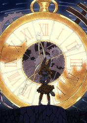 Rule 34 | 10s, 1girl, analog clock, animal ears, artist name, backlighting, blonde hair, bow, bowtie, cliff, clock, closed eyes, crescent, dated, elbow gloves, feathers, gears, giant object, gloves, high-waist skirt, holding, itsuki (kisaragi), kemono friends, oversized object, pocket watch, print bow, print bowtie, print gloves, print neckwear, print skirt, print thighhighs, roman numeral, serval (kemono friends), serval print, serval tail, shirt, signature, skirt, sleeveless, sleeveless shirt, smile, solo, standing, sun symbol, tail, tears, thighhighs, time lapse, watch, yellow bow, yellow bowtie, yellow gloves, yellow legwear