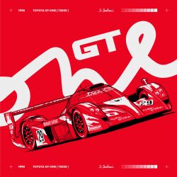 Rule 34 | 1998, camdebast, car, commentary, english commentary, highres, japanese flag, le mans prototype, michelin, michelin man, monochrome, motor vehicle, no humans, race vehicle, racecar, real life, red background, red theme, shadow, signature, spoiler (automobile), toyota, toyota gt-one, vehicle focus, vehicle name
