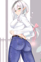 Rule 34 | 1girl, ass, belt, bow, braid, breasts, closed mouth, denim, elf, covered erect nipples, green eyes, hair bow, hair ornament, highres, jeans, large breasts, long hair, looking at viewer, looking back, muka tsuku, nail polish, original, pants, pointy ears, silver hair, smile, sweater