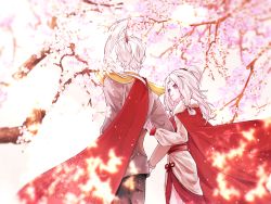 Rule 34 | 1boy, 1girl, back, cape, cherry blossoms, couple, floating hair, fur cape, fur collar, glint, grey hair, high ponytail, highres, light particles, light rays, locked arms, looking at another, petals, prophet of water, red cape, sky: children of the light, sky child, spinning mentor, sunbeam, sunlight