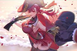 Rule 34 | 1girl, absurdres, black coat, black hat, blush, bodystocking, breasts, bullet, cleavage, coat, commentary request, eyepatch, gloves, gun, hair between eyes, hair ribbon, hat, highres, holding, holding gun, holding weapon, hololive, houshou marine, jacket, large breasts, long hair, miniskirt, mouth hold, off shoulder, open clothes, open coat, over shoulder, petals, pirate hat, red eyes, red hair, red jacket, red ribbon, red skirt, ribbon, see-through, see-through cleavage, skirt, sleeveless, sleeveless jacket, solo, tefco, thighhighs, virtual youtuber, weapon, weapon over shoulder, white gloves