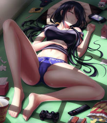 Rule 34 | 1girl, bag of chips, bare legs, barefoot, bendy straw, black hair, black shirt, blue panties, bow, bow panties, breasts, cameltoe, chips (food), closed eyes, commentary request, controller, cookie, covered erect nipples, crotch seam, cup ramen, date a live, drinking straw, dualshock, facing away, female focus, food, full body, game console, game controller, gamepad, hand on own stomach, handheld game console, highres, indoors, knee up, large breasts, long hair, low twintails, lying, messy room, milk carton, navel, nissin cup noodle, no pants, on back, on floor, panties, pillow, playstation controller, playstation vita, pocky, popsicle stick, potato chips, purple panties, remote control, revision, shirt, sleeping, snack, solo, spread legs, strap slip, tank top, taut clothes, tissue, tissue box, tokisaki kurumi, tsubasaki, twintails, underwear, used tissue, very long hair, window shadow