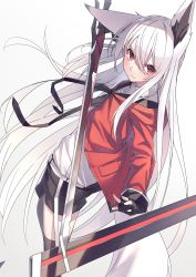 Rule 34 | 1girl, animal ears, black gloves, black shorts, commentary request, fingerless gloves, fox ears, fox girl, fox tail, gloves, hair between eyes, highres, holding, holding sword, holding weapon, hood, hoodie, long hair, looking at viewer, original, red eyes, red hoodie, sheath, shiro youduki, shirt, short shorts, shorts, simple background, solo, swept bangs, sword, tail, very long hair, weapon, white background, white hair, white shirt