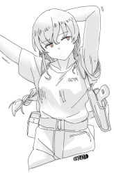 Rule 34 | 1girl, arms up, braid, breasts, character name, closed mouth, clothes lift, cropped legs, ergot, greyscale, kantai collection, long hair, monochrome, red eyes, rigging, shirt, sidelocks, signature, simple background, single braid, sketch, solo, souya (kancolle), spot color, sweat
