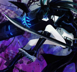 Rule 34 | 10s, 1girl, arm cannon, black hair, black rock shooter, black rock shooter (character), blue eyes, boots, chain, coat, long hair, midriff, natsuiro xx, ooyake, shorts, solo, sword, twintails, weapon