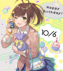 Rule 34 | 1girl, :d, ;d, absurdres, ahoge, badge, bag, bag charm, balloon, blue bag, blue skirt, blush, bow, brown cardigan, brown hair, button badge, cameo, candle, cardigan, character charm, character doll, charm (object), controller, crown, cupcake, dated, diagonal stripes, doll, eihi, english text, floating hair, food, game controller, gift, gift bag, green eyes, hair ornament, hairclip, hand up, handbag, happy birthday, highres, holding, holding doll, holding gift, kobayashi shihono, lieselotte riefenstahl, long hair, long sleeves, looking at viewer, medal, multicolored background, official art, one eye closed, open mouth, plaid, plaid skirt, pleated skirt, ponytail, purple background, purple ribbon, ribbon, school uniform, scrunchie, skirt, sleeve cuffs, smile, solo, speech bubble, sprinkles, star (symbol), striped clothes, striped ribbon, striped scrunchie, swept bangs, teeth, thick eyelashes, tsundere akuyaku reijou lieselotte to jikkyou no endou-kun to kaisetsu no kobayashi-san, upper body, upper teeth only, wing collar, wrist scrunchie, yellow background, yellow bow, yellow ribbon, yellow scrunchie
