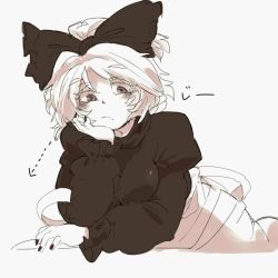 Rule 34 | 1girl, alternate costume, arm support, bow, head rest, eyebrows, face, female focus, frown, hair bow, iroyopon, kurodani yamame, looking at viewer, monochrome, nail polish, ribbon, short hair, sketch, solo, staring, sweater, thick eyebrows, touhou