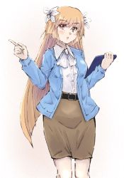 Rule 34 | 1girl, alternate costume, belt, black belt, blonde hair, blush, brooklyn (kancolle), brown skirt, buttons, collared shirt, feet out of frame, highres, kantai collection, ld (luna dial398), long hair, long sleeves, open mouth, pencil skirt, red eyes, shirt, simple background, skirt, solo, white background, white shirt