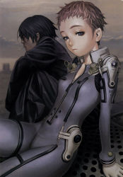 Rule 34 | 1boy, 1girl, ao no roku-gou, arm support, black hair, blue eyes, bodysuit, brown hair, cigarette, cloud, flat chest, from behind, gloves, hayami tetsu, jacket, kino mayumi, looking at viewer, looking back, messy hair, mouth hold, murata range, non-web source, official art, outdoors, profile, reclining, red hair, scan, short hair, sitting, sky, smile, smoking, unzipped, white gloves, zipper