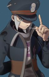 Rule 34 | 1boy, black coat, black hat, blue background, blurry, closed mouth, coat, commentary request, creatures (company), frown, game freak, grey eyes, grey hair, hand up, hat, high collar, highres, ingo (pokemon), long sideburns, male focus, nintendo, peaked cap, pearl clan outfit, pokemon, pokemon legends: arceus, short hair, sideburns, simple background, solo, trench coat, twitter username, yukifuri tsuyu