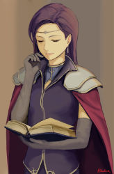 Rule 34 | 1girl, alternate breast size, armor, bachium, brown background, brunnya (fire emblem), closed eyes, closed mouth, dress shirt, earrings, elbow gloves, fire emblem, fire emblem: the binding blade, gloves, grey gloves, highres, holding, jewelry, long hair, nintendo, purple hair, purple shirt, shirt, shoulder armor, smile, solo, straight hair, upper body