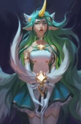 Rule 34 | 1girl, absurdres, aina (mayexplode), animal ears, bare shoulders, black background, breasts, choker, colored skin, cowboy shot, elbow gloves, frilled skirt, frills, gem, gloves, green choker, green eyes, green hair, green skin, highres, holding, holding staff, horns, league of legends, long hair, own hands together, red lips, shirt, single horn, skirt, small breasts, solo, soraka (league of legends), staff, star guardian (league of legends), star guardian soraka, thighhighs, white gloves, white shirt, zettai ryouiki