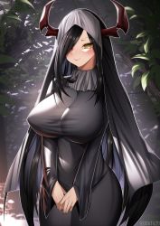 Rule 34 | 1girl, alternate costume, artist name, azur lane, black dress, black hair, breasts, covered erect nipples, cowboy shot, dress, friedrich der grosse (azur lane), gdat, hair over one eye, highres, horns, huge breasts, impossible clothes, impossible dress, large breasts, leaf, long hair, long sleeves, looking at viewer, mature female, mechanical horns, red horns, solo, standing, taut clothes, taut dress, tree, v arms, very long hair, wide hips, yellow eyes