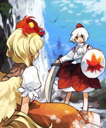 Rule 34 | animal, animal on head, bird, bird on head, blonde hair, chick, commentary request, hat, highres, holding, holding shield, holding sword, holding weapon, inubashiri momiji, kaigen 1025, long sleeves, looking at another, multicolored hair, niwatari kutaka, on head, open mouth, orange skirt, outdoors, pom pom (clothes), red eyes, red hair, red headwear, shield, shirt, short hair, short sleeves, skirt, sword, tokin hat, touhou, two-tone hair, water, waterfall, weapon, white hair, white shirt, wide sleeves, wings