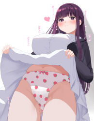 Rule 34 | 1girl, black coat, blunt bangs, blush, breasts, butterfly hair ornament, buttons, closed mouth, clothes lift, coat, collar, commentary request, cut bangs, dress, dress lift, fern (sousou no frieren), food print, frilled collar, frills, hair ornament, highres, large breasts, lifted by self, long dress, long hair, long sleeves, looking at viewer, navel, panties, ponytail korosuke, print panties, purple eyes, purple hair, solo, sousou no frieren, straight hair, strawberry panties, strawberry print, translation request, underwear, white background, white dress, white panties