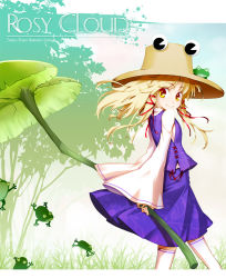 Rule 34 | 1girl, female focus, frog, gradient background, hat, hong (white spider), lily pad, moriya suwako, nature, outdoors, plant, skirt, solo, thighhighs, touhou, white background, zettai ryouiki