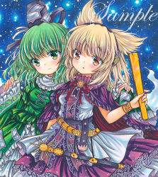 Rule 34 | 2girls, :o, belt, black belt, black headwear, black ribbon, blonde hair, blue background, breasts, brooch, cape, center frills, closed mouth, cowboy shot, dress, earmuffs, frilled skirt, frills, ghost tail, gold bracelet, green dress, green eyes, green hair, hat, hat ribbon, head tilt, heads together, holding, holding stick, jewelry, long sleeves, looking at viewer, marker (medium), medium hair, multiple girls, neck ribbon, ofuda, ofuda on clothes, open mouth, orange brooch, pointy hair, print shirt, purple cape, purple skirt, red ribbon, ribbon, ritual baton, rui (sugar3), sample watermark, sheath, shirt, skirt, sleeveless, sleeveless shirt, small breasts, soga no tojiko, stick, tate eboshi, touhou, toyosatomimi no miko, traditional media, watermark, white ribbon, white shirt, wide sleeves, yellow eyes