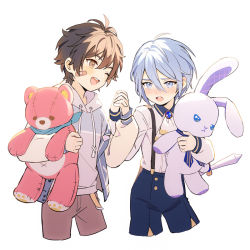 Rule 34 | 2boys, aged down, bandaid, bandaid on cheek, bandaid on face, blue eyes, blue hair, blush, brown eyes, brown hair, chocomilk nu, edmond (nu carnival), eiden (nu carnival), gem, holding, holding hands, holding stuffed toy, long sleeves, looking at another, male focus, multiple boys, nose blush, nu carnival, official alternate costume, one eye closed, short hair, simple background, stuffed animal, stuffed rabbit, stuffed toy, teddy bear, tsundere, white background