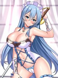 Rule 34 | 1girl, akame ga kill!, blue eyes, blue hair, breasts, cleavage, esdeath, large breasts, lingerie, smile, solo, sword, underwear, weapon