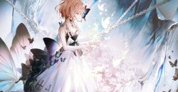 Rule 34 | 1girl, bai qi-qsr, blonde hair, bug, butterfly, cave, chain, copyright request, crystal, dress, highres, insect, looking down, moon, rock, skirt, solo, upper body, wedding dress