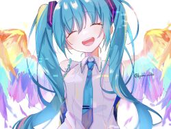 Rule 34 | 1girl, angel wings, armpit crease, arms behind back, bare shoulders, black sleeves, blue hair, blue necktie, breasts, closed eyes, collared shirt, colorful, commentary request, detached sleeves, dot nose, eyelashes, facing viewer, feathered wings, feathers, glitch, hair between eyes, halftone, hatsune miku, head tilt, highres, kyomu nuko, light blush, long hair, medium breasts, multicolored wings, necktie, open mouth, round teeth, shirt, sidelocks, simple background, sleeveless, sleeveless shirt, solo, teeth, tie clip, twintails, twitter username, upper body, upper teeth only, very long hair, vocaloid, wavy hair, white background, white shirt, wings