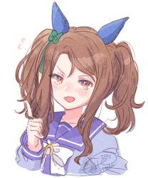 Rule 34 | 1girl, :d, alternate hairstyle, animal ears, blue shirt, blush, bow, brown hair, cropped torso, ear bow, flying sweatdrops, green bow, horse ears, ittokyu, king halo (umamusume), long sleeves, looking at viewer, open mouth, red eyes, school uniform, shirt, signature, simple background, smile, solo, swept bangs, tracen school uniform, twintails, umamusume, upper body, v-shaped eyebrows, white background, white bow