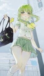 Rule 34 | 1girl, bag charm, blush, carrying bag, charm (object), cloud, colored eyelashes, feet out of frame, from below, green eyes, green hair, gumi, hair intakes, highres, light particles, long bangs, looking at viewer, navel, parted lips, pleated skirt, sailor collar, scrunchie, short hair, skirt, sky, socks, solo, standing, thigh gap, vocaloid, waterlily (waterlily202209), white socks, wrist scrunchie