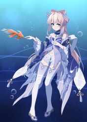 Rule 34 | 1girl, absurdres, blue background, blue bow, bow, bow-shaped hair, choker, closed mouth, detached sleeves, fish, frilled choker, frilled sleeves, frills, full body, genshin impact, gloves, goldfish, highres, long hair, long sleeves, looking at viewer, man ge, navel, pink hair, purple eyes, sandals, sangonomiya kokomi, shorts, smile, solo, thighhighs, underwater, very long hair, white gloves, white shorts, white thighhighs, wide sleeves